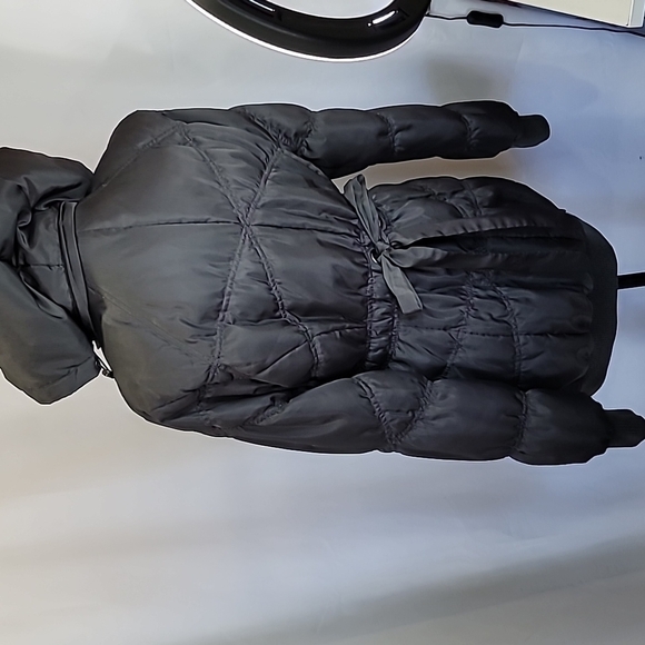 JACOB Bow Tie Hood Fitted Puffer Long Jacket Warm Charcoal - Picture 6 of 9